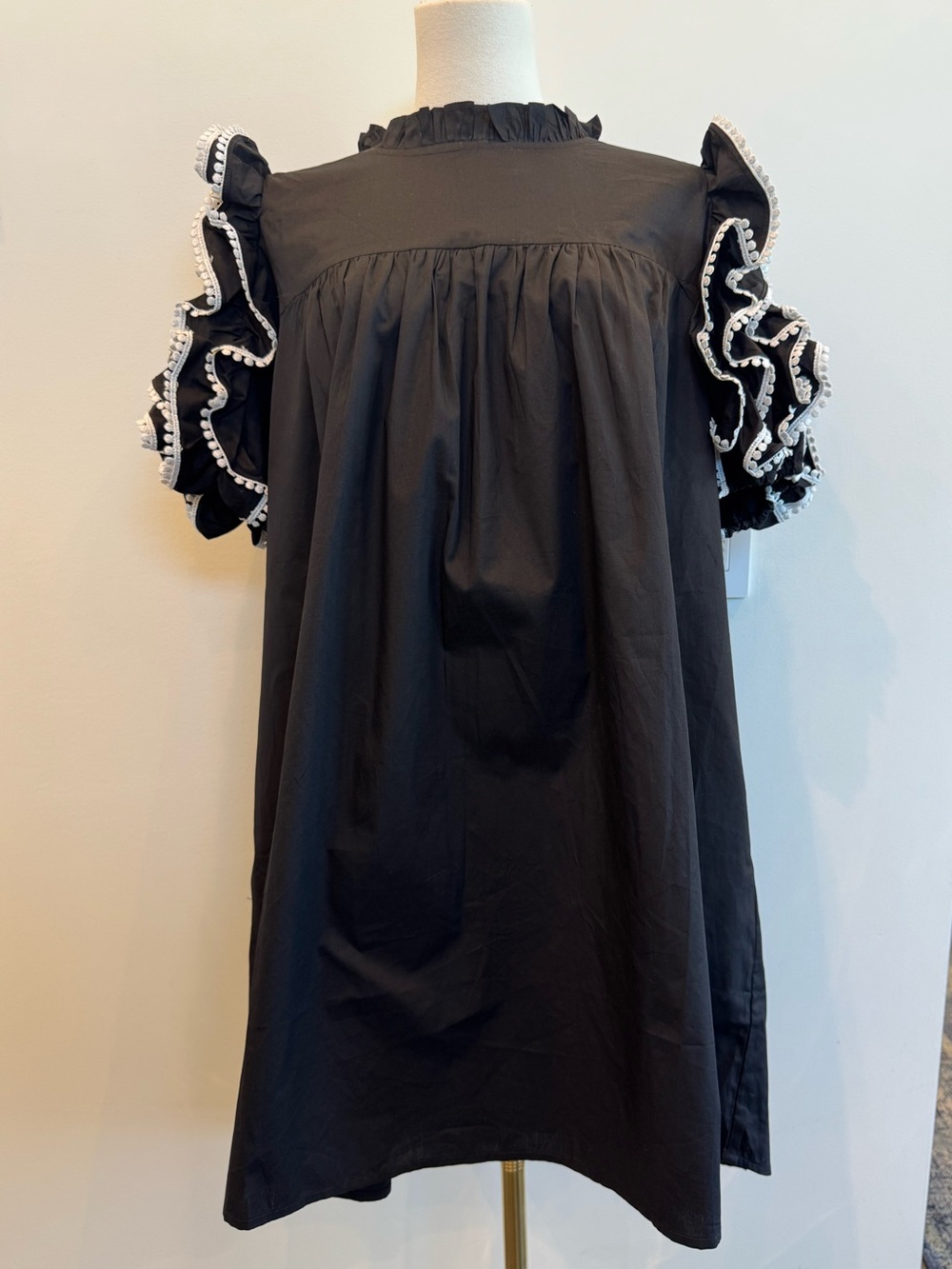 Chic Soul Black Baby Doll Mini Dress with White Trim Ruffle Sleeves 100% Cotton